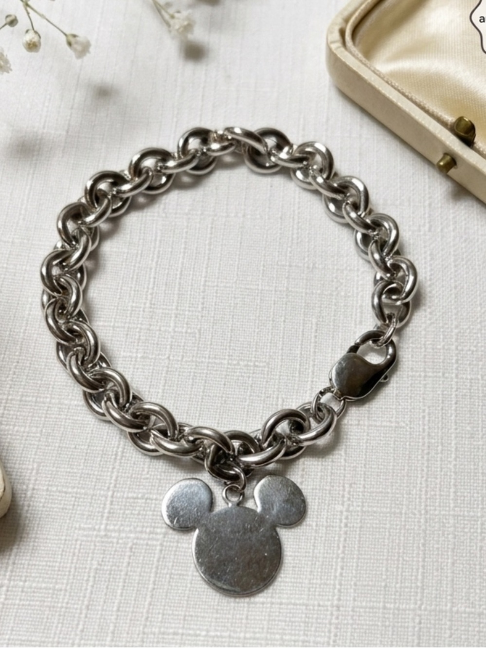 Sterling Silver Mickey Charm Chain Bracelet Disneyland 
Stamped